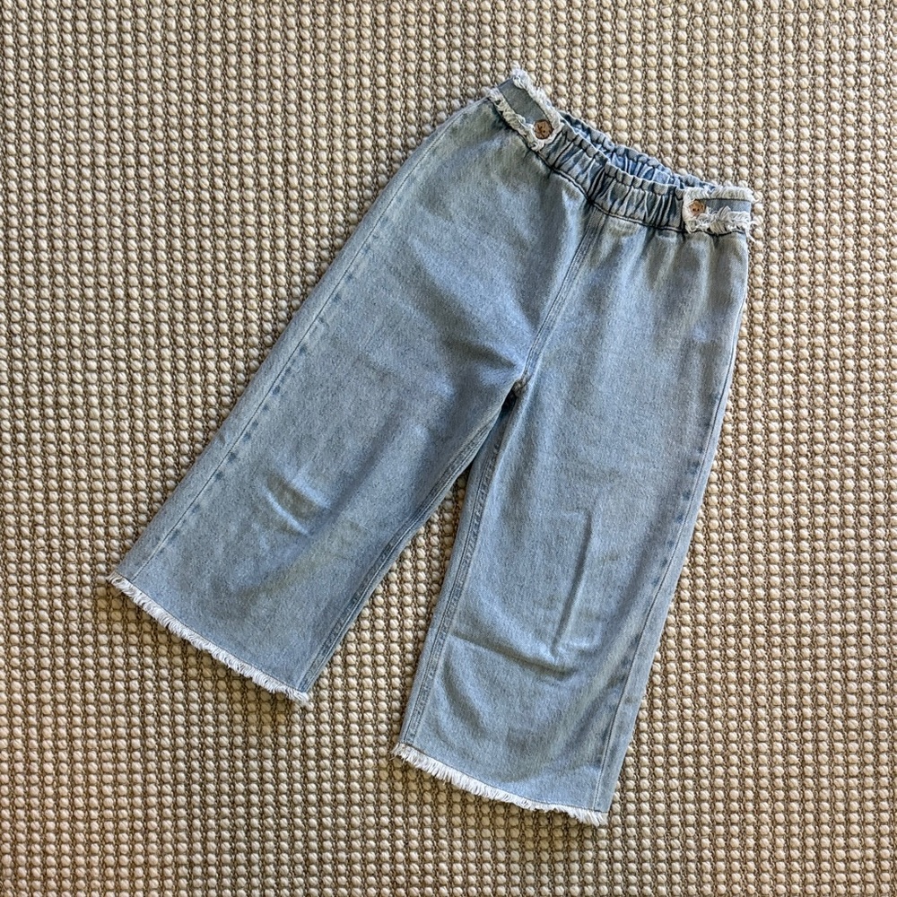 Kids Light Wash Wide-Leg Denim Pants with Frayed Trim
